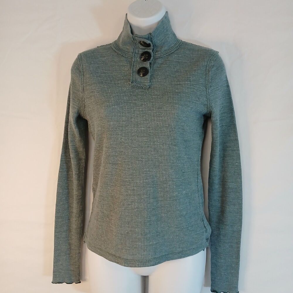 We The Free To Green Waffle‎ Knit High Neck Buttons Stretch sz XS casual travel